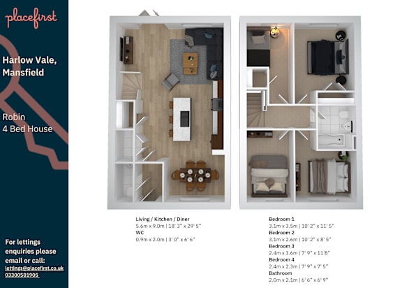 Floor Plan  A floor plan for a 4 bedroom house with a kitchen, living room, and dining area.