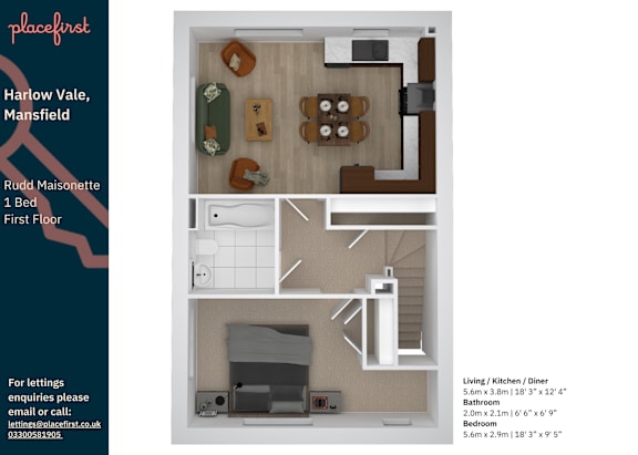 Floor Plan  A floor plan of a one bedroom property with a living area, kitchen and diner.
