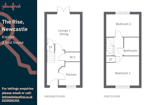 Floor Plan  A floor plan for a two bedroom house with a lounge and kitchen is shown.