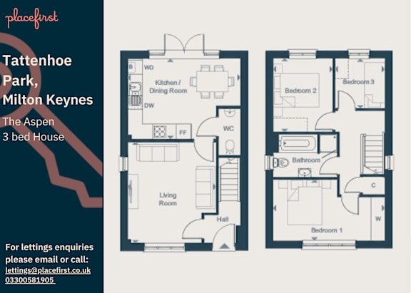 Floor Plan  Two floor plans for a 3 bedroom house are shown along with contact information for placefirst.