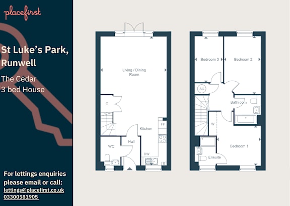 Floor Plan  A floor plan of a three bedroom house is displayed along with contact information for letting enquiries.