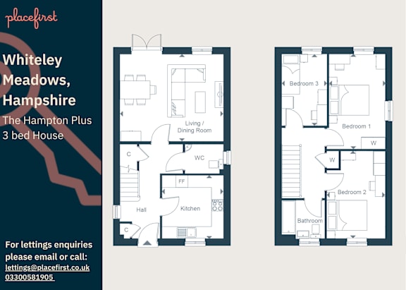 Floor Plan  Two floor plans for a 3 bedroom house are shown with a contact email and phone number for placefirst.
