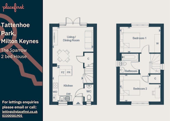 Floor Plan  A floor plan of a two bedroom house is shown with a contact email and phone number for letting enquiries.