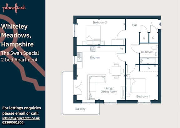 Floor Plan  A floor plan of a 2 bedroom apartment at The Swan Special in Whiteley, Hampshire.