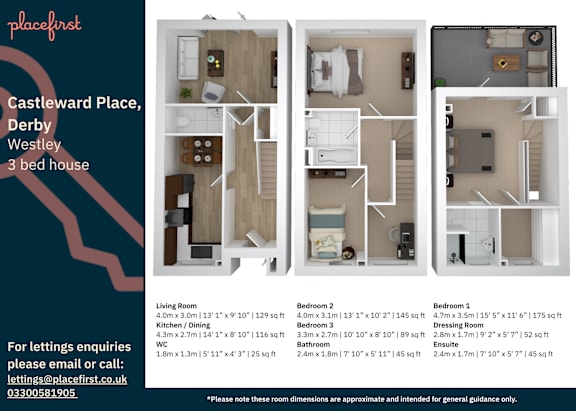 Floor Plan  A floor plan for a 3 bedroom house, with a family bathroom, downstairs WC, and a master ensuite at Castleward Place in Derby.