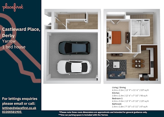 Floor Plan  A brochure for a 1 bedroom yarrow at Castleward Place, Derby, showing a floor plan and measurements.