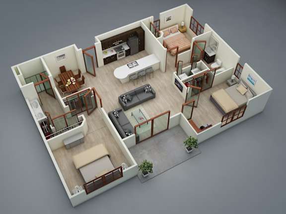 Floor Plan  A 3D floor plan of a house with a living room, dining room, kitchen, and two bedrooms.