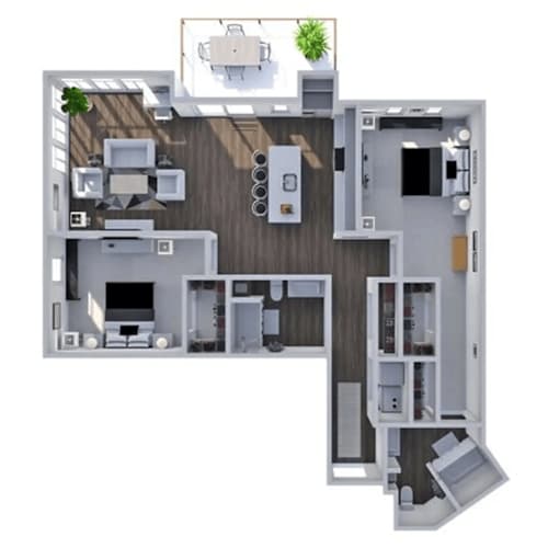 Floor Plan  A 3D floor plan of a house with a kitchen, living room, and bedrooms.