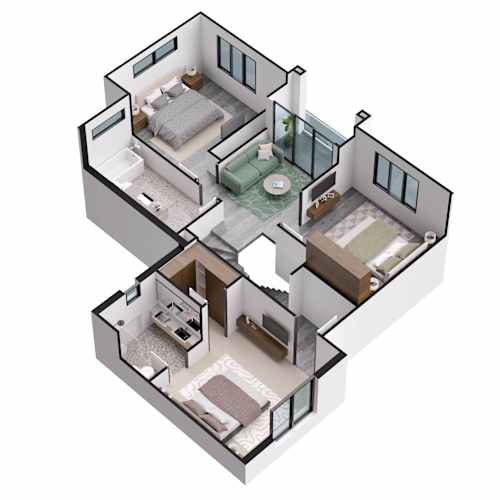 Floor Plan  A 3D floor plan of a two-bedroom apartment with a living room, kitchen, and bathroom.
