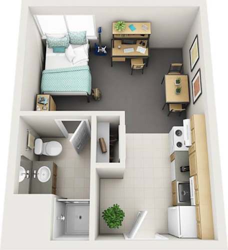 Floor Plan  a studio apartment with a bed and a desk
