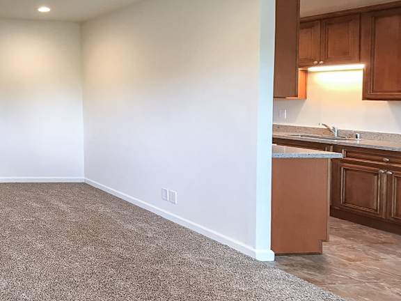 A kitchen area with a sink and a counter.