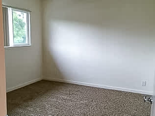 A room with a carpeted floor and a window.