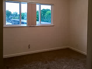 A room with a window and a carpet on the floor.