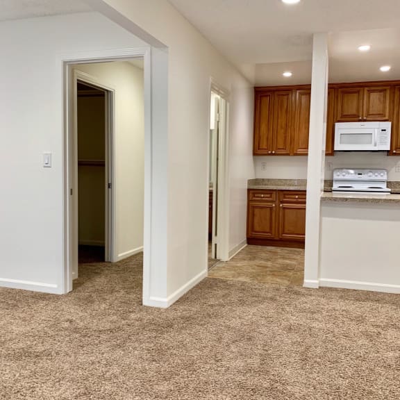 a kitchen with a white microwave oven sitting on top of a counter