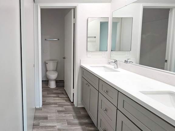 A bathroom with a toilet, sink, and mirror.