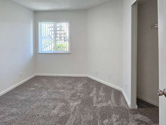 A room with a carpeted floor and a window.