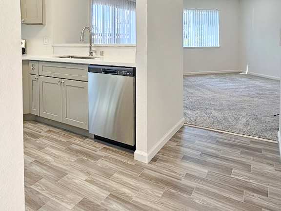 A kitchen with a dishwasher and a sink.