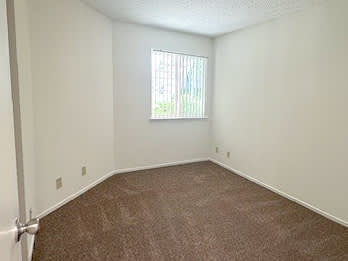 A room with a carpeted floor and a window with blinds.