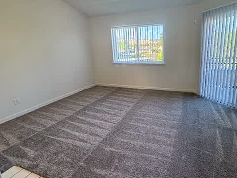 A room with a carpeted floor and a window with blinds.