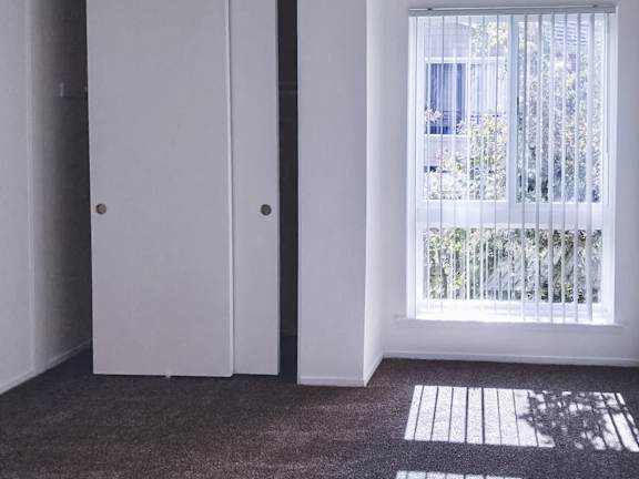 A room with a white door and a window with a view of a fence and trees.