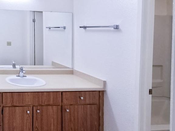 A bathroom with a sink, mirror, and wooden cabinets.