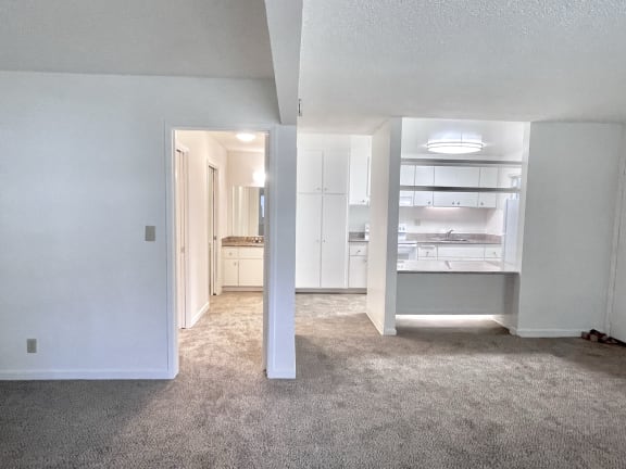 an empty living room with a white kitchen in the background