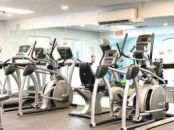 A gym with treadmills and elliptical machines.