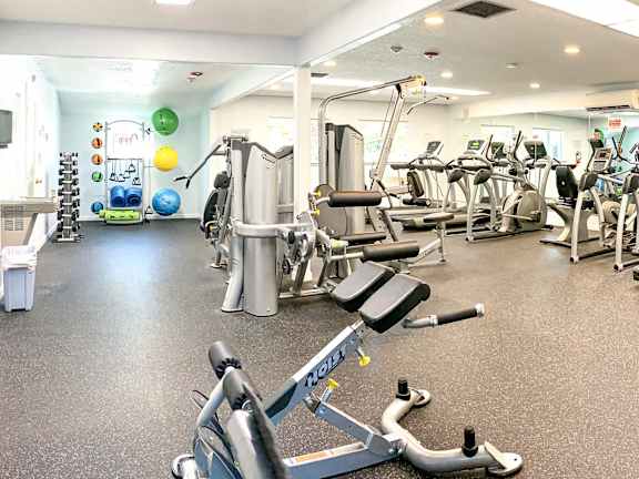 A gym with a variety of equipment including treadmills, weights, and exercise balls.