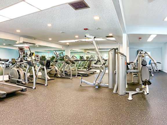 A gym with treadmills, elliptical machines, and other exercise equipment.