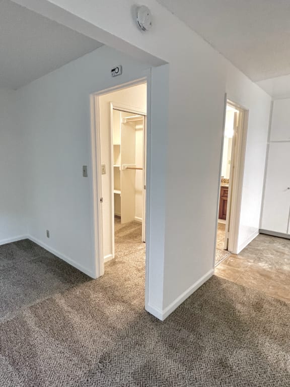 a bedroom with white walls and a carpeted floor