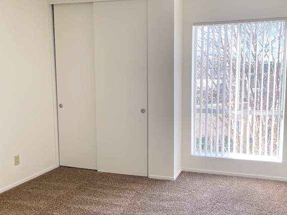 A room with a white door and a window with a view of trees.
