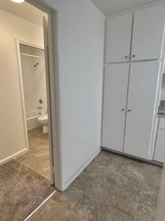 a large white closet in a bathroom with a toilet