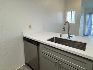 A kitchen with a sink and a dishwasher.