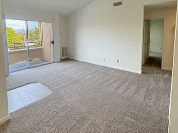 A room with a carpeted floor and a sliding glass door leading to a balcony.