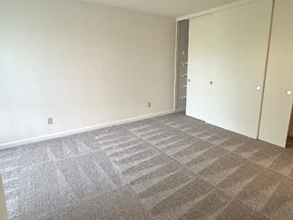 A room with a carpeted floor and a door.