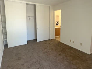 A room with white walls and a carpeted floor.