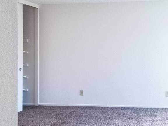 A room with a white wall and a grey carpet.