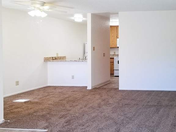 A room with a carpeted floor and a ceiling fan.