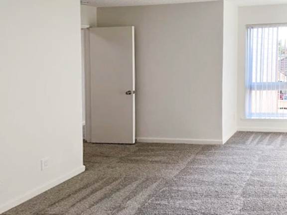 A room with a carpeted floor and a white door.