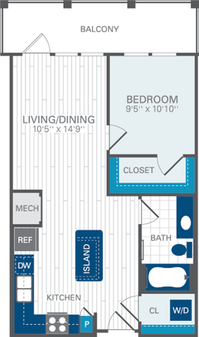 1 Bed 1 Bath A1 Floor Plan at Azul Baldwin Park, Orlando, FL