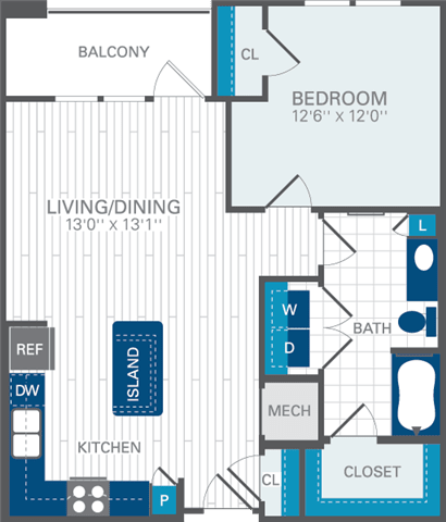 1 Bed 1 Bath A3 Floor Plan at Azul Baldwin Park, Orlando, 32814