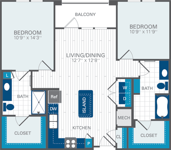 2 Bed 2 Bath B1 Floor Plan at Azul Baldwin Park, Florida, 32814