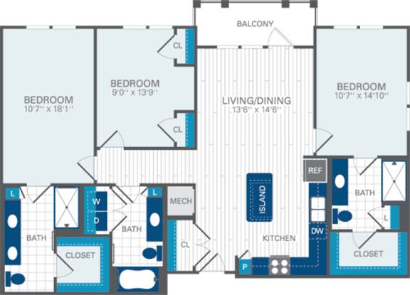 3 Bed 3 Bath C1 Floor Plan at Azul Baldwin Park, Orlando, 32814