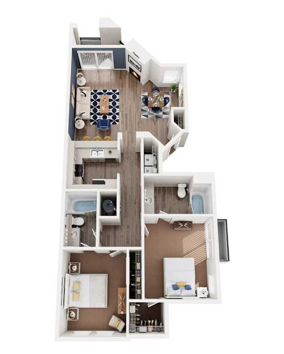 A top-down view of a house layout with a kitchen, living room, and bedrooms.