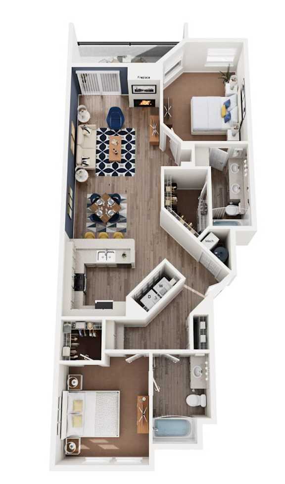 A floor plan of a small apartment with a kitchen, living room, and bathroom.