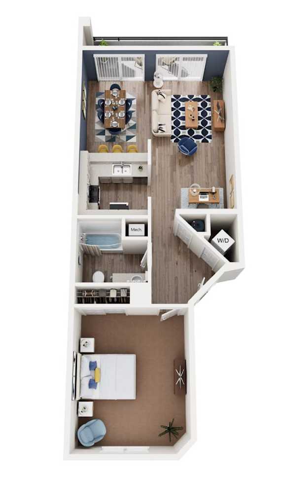 A top-down view of a small apartment with a kitchen, living room, and bedroom.