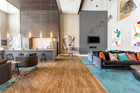 resident lounge with couches and large television at linden on the greeneway apartments in south orlando