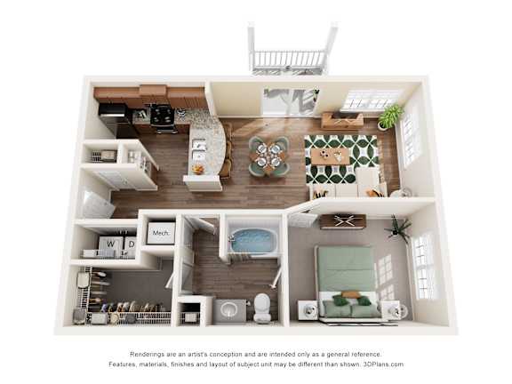 A 3D floor plan of a small apartment with a kitchen, living room, and bathroom.