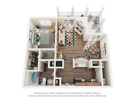 A 3D floor plan of a house with a kitchen, living room, and bathroom.