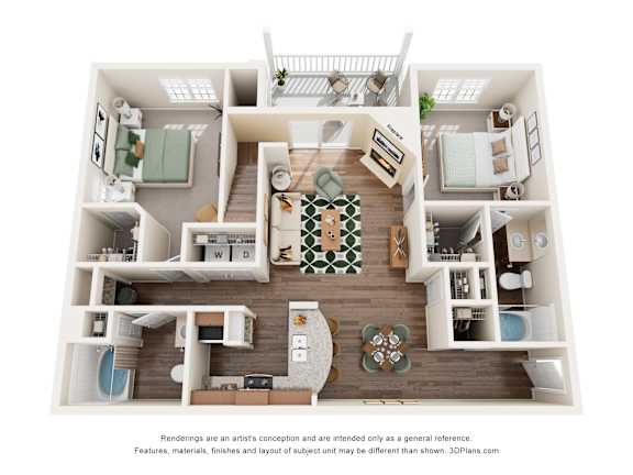 A 3D floor plan of a house with a living room, kitchen, and two bedrooms.